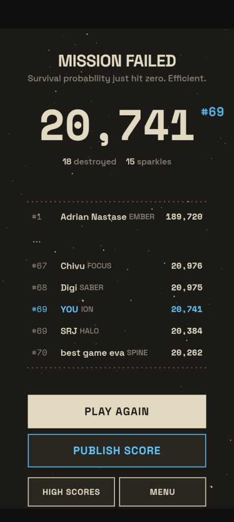 The Mission Failed screen, with Publish Score under the distance. That button logs the run on the Space Board.